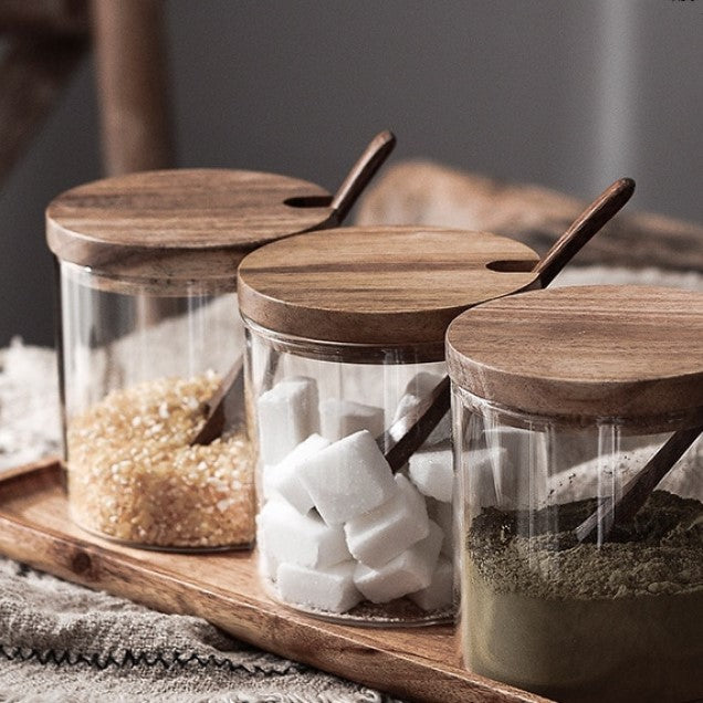 Acacia Wood & Glass Jar Set With Tray