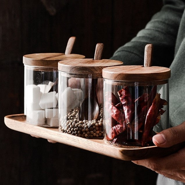 Acacia Wood & Glass Jar Set With Tray – Terra Powders