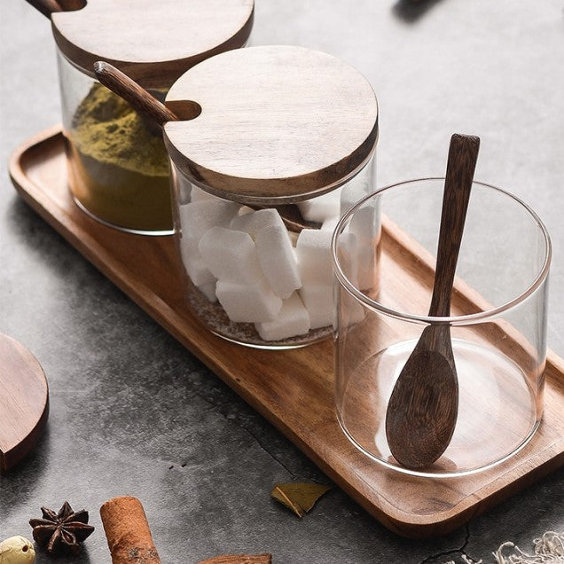 Oval Spoons With Acacia Wood And Glass Jar Set With Tray Stylish Kitchen Food Storage