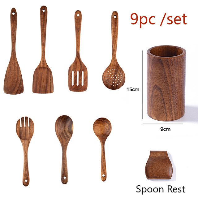 9 Piece Set Of Teak Wood Kitchen Tools And Cooking Utensils