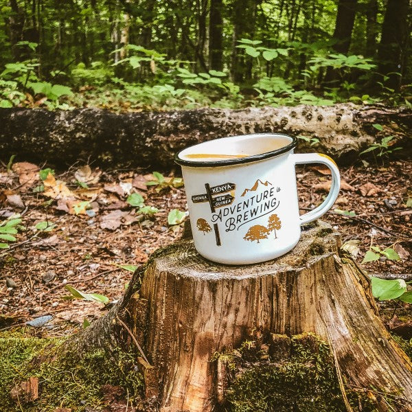 Brew Adventure With Terra Powders Organic Coffee Upland Medium Roast Tony's Coffee In Adventure Brewing Camp Cup Outdoors In The Woods