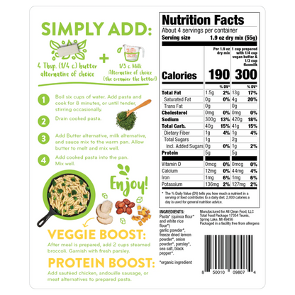 All Clean Food Dairy Free Creamy Garlic Pasta Easy To Make Dinner Kit Healthy Real Food Ingredients Simple Cooking Instructions And Nutrition Facts
