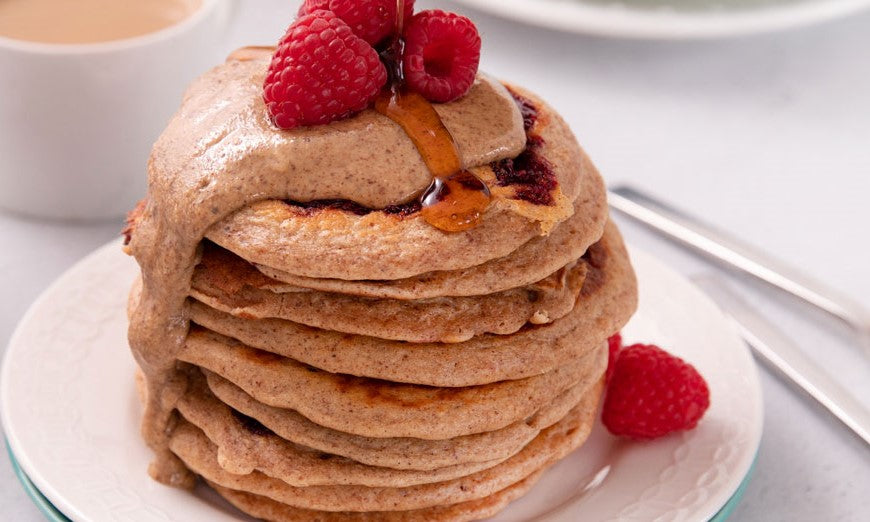 Woodstock Foods Almond Butter Raspberry Swirl Pancakes Made With Pure Organic Cane Sugar Topped With Fresh Raspberries And Non-GMO Almond Butter