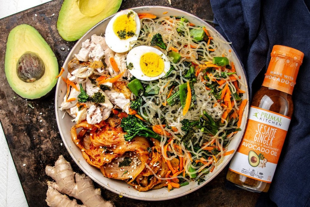 Avocado And Asian Noodle Bowl With Chicken And Sesame Ginger Dressing Primal Kitchen Recipe