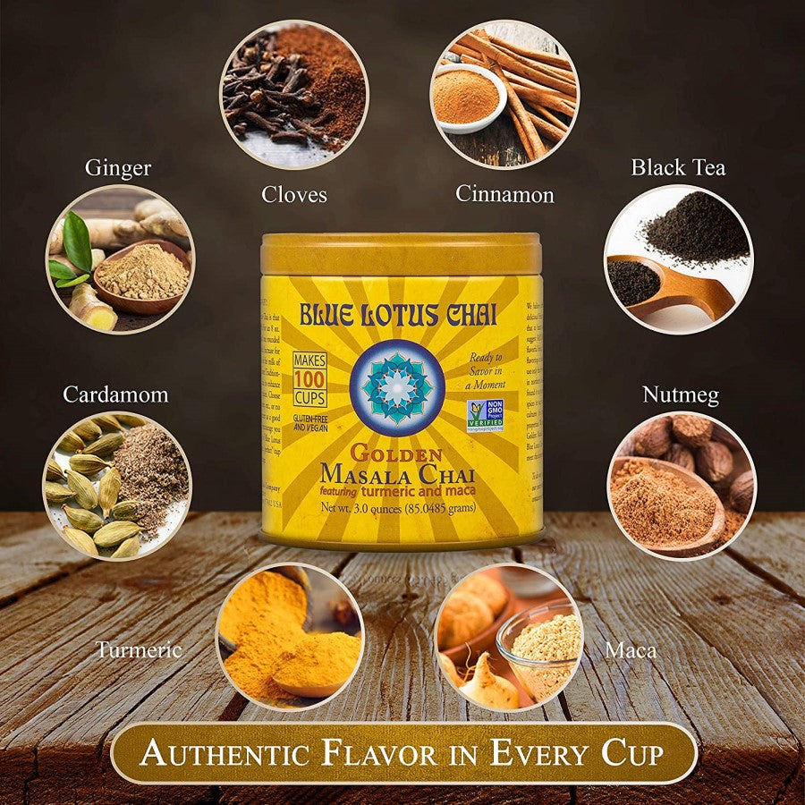 Authentic Chai Flavor In Every Cup Cardamom Ginger Cloves Cinnamon Black Tea Nutmeg Turmeric Maca Blue Lotus Chai Golden