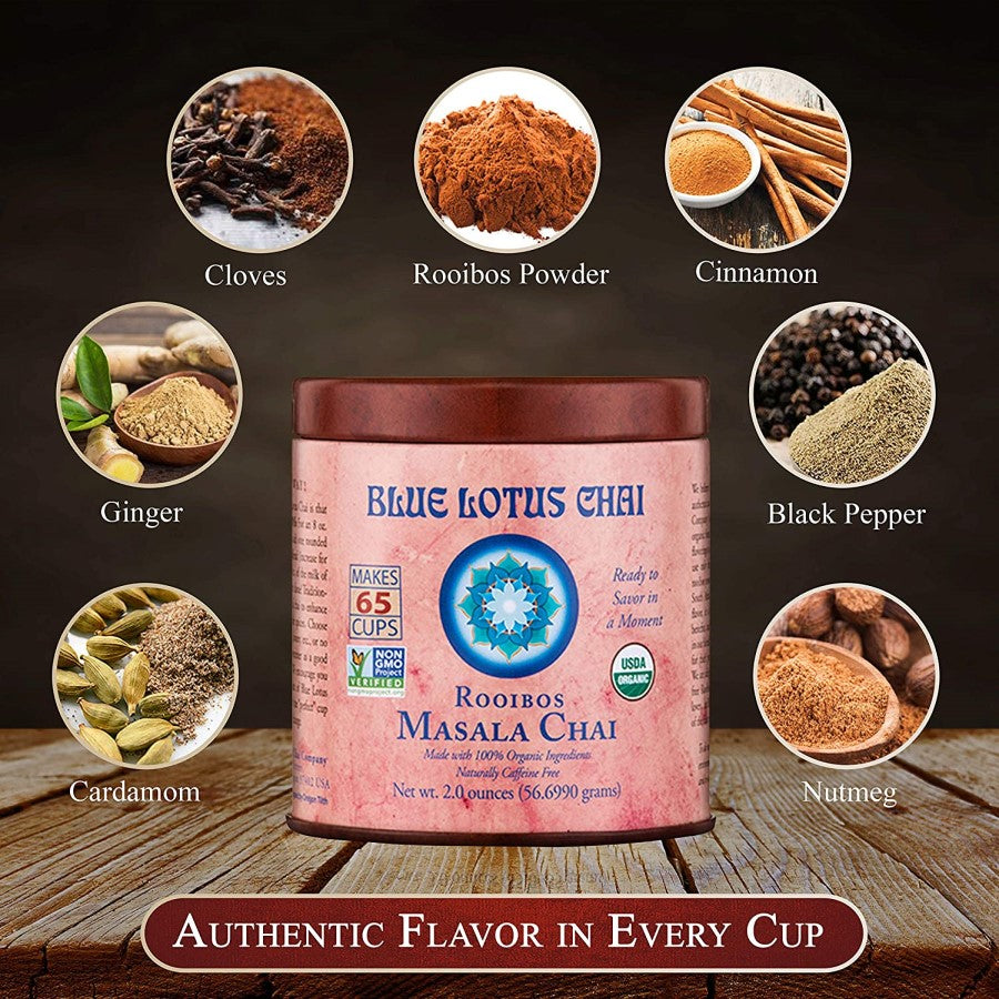 Authentic Chai Flavor In Every Cup Cardamom Ginger Cloves Rooibos Powder Cinnamon Black Pepper Nutmeg Blue Lotus Chai Rooibos