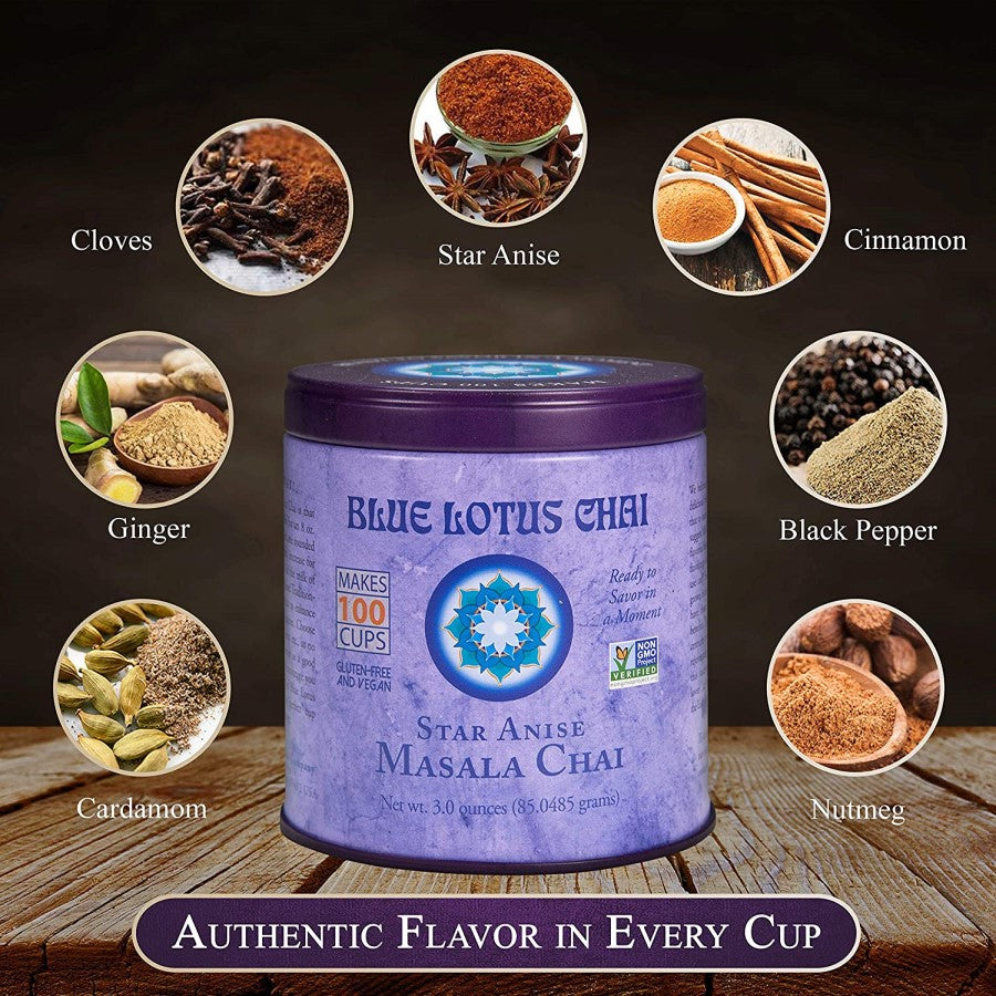 Authentic Chai Flavor In Every Cup Cardamom Ginger Cloves Star Anise Cinnamon Black Pepper Nutmeg Blue Lotus Chai Star Anise
