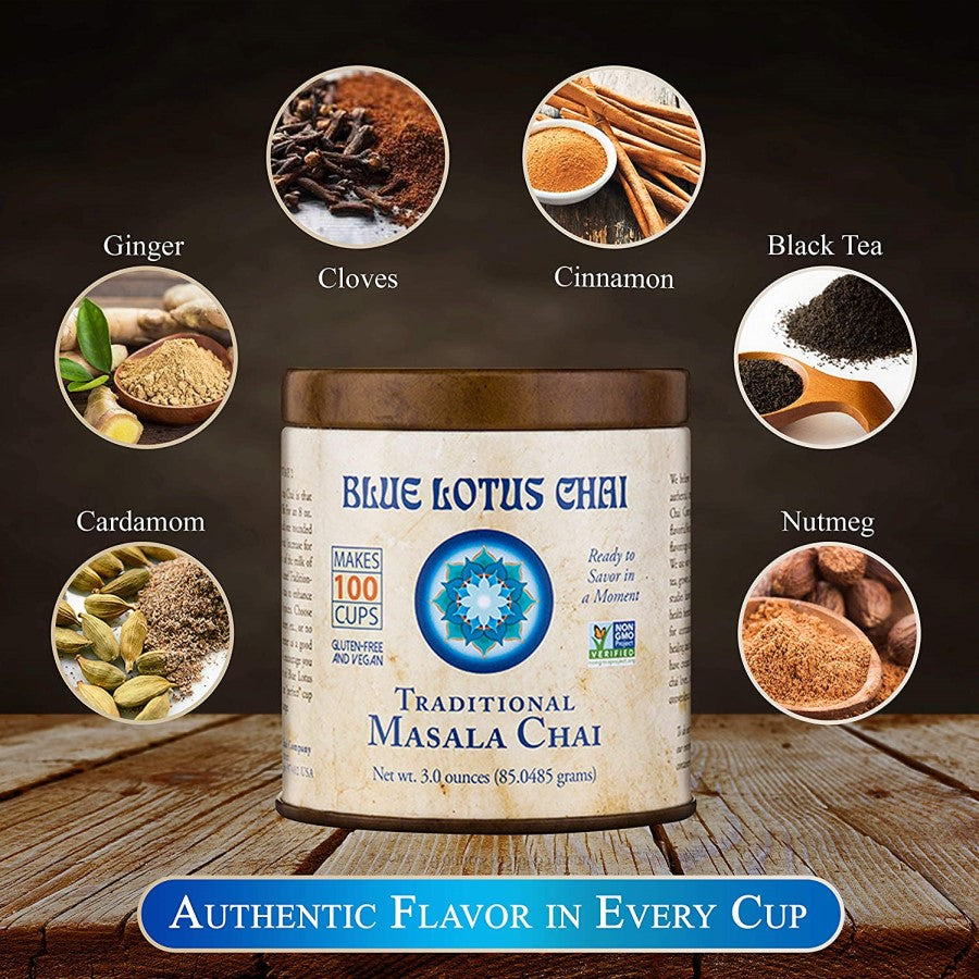 Authentic Chai Flavor In Every Cup Cardamom Ginger Cloves Cinnamon Black Tea Nutmeg Blue Lotus Chai Traditional