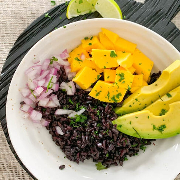 Avocado And Purple Rice Salad With Cilantro Lime Dressing Recipe Made With Non-GMO Purple Rice From Ralston Family Farm