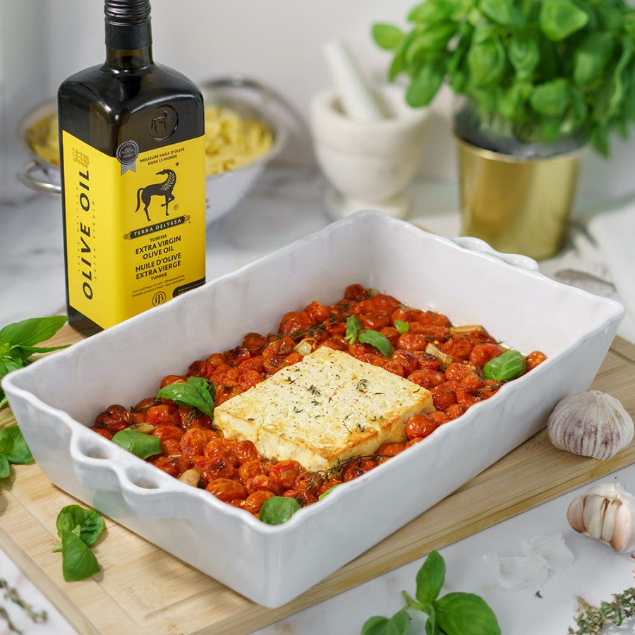 Olive Oil Terra Delyssa Delicious Baked Feta Pasta Recipe With Fresh Basil Garlic And Tomatoes