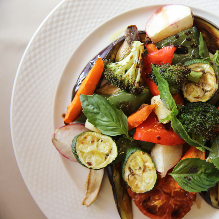 Healthy Vegan Dinner Of Balsamic Dressing Roasted Veggies