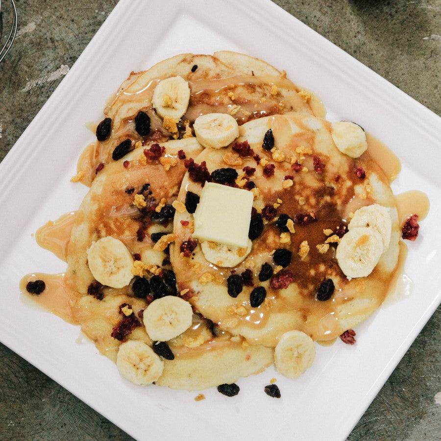 Banana Pancakes Topped With Organic Thompson Raisins From Terra Powders