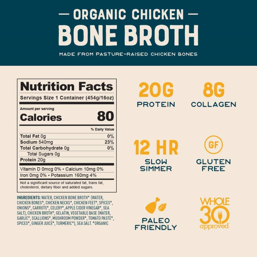 Bare Bones Organic Chicken Bone Broth Nutrition Facts Ingredients 20 Grams Protein 8 Grams Collagen Slow Simmer Gluten Free Paleo Whole30 Approved