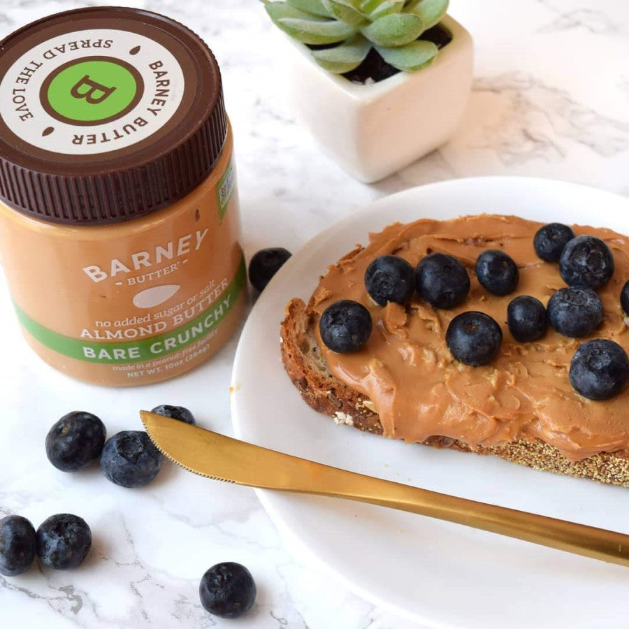 Bare Crunchy Barney Almond Butter On Gluten Free Toast With Fresh Organic Blueberries
