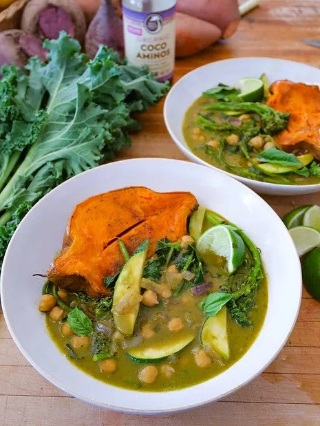 Wholesome Organic Food Bowls Of Sweet Potato And Green Basil Curry Made With Big Tree Farms Coco Aminos Cooking Sauce