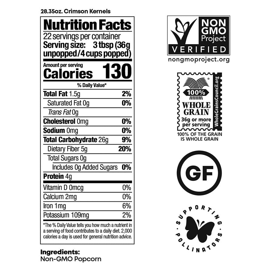 Crimson Red Popcorn Kernels Non-GMO Single Ingredient Nutrition Facts Gluten Free Black Jewell