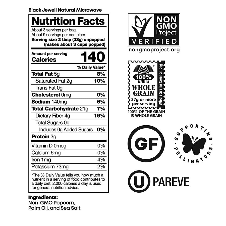 Natural Microwave Popcorn Non-GMO Ingredients Nutrition Facts Gluten Free Black Jewell Whole Grain Healthy Food