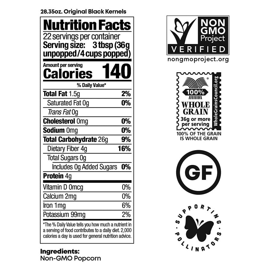 Original Black Popcorn Kernels Non-GMO Single Ingredient Nutrition Facts Gluten Free Black Jewell