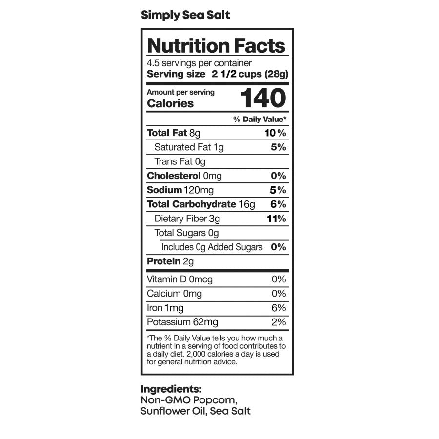 Simply Sea Salt Pre-Popped Popcorn Nutritional Facts and Ingredients