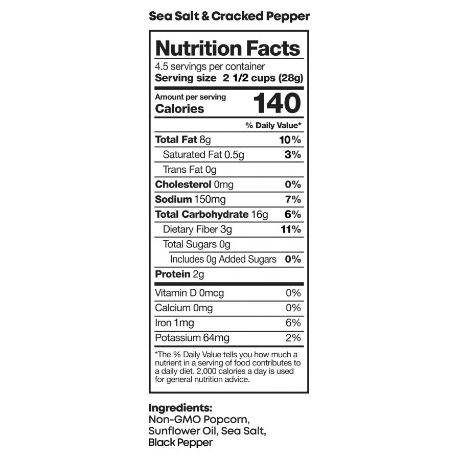 Sea Salt & Cracked Pepper Pre-Popped Popcorn Nutritional Facts and Ingredients