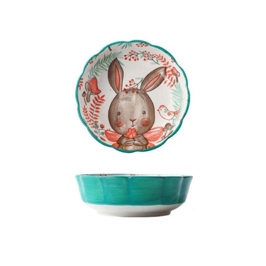 Adorable Nordic Forest Friends Blossom Bunny Ceramic Scalloped Bowl