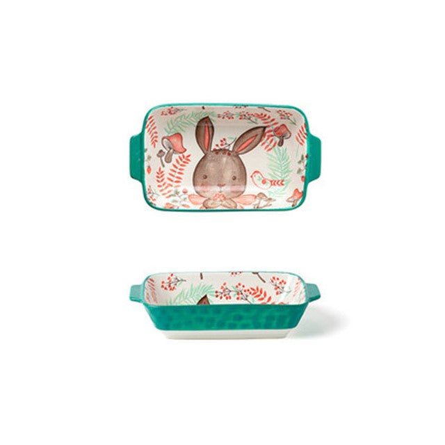 Adorable Nordic Forest Friends Blossom Bunny Ceramic Rectangle Baking Pan