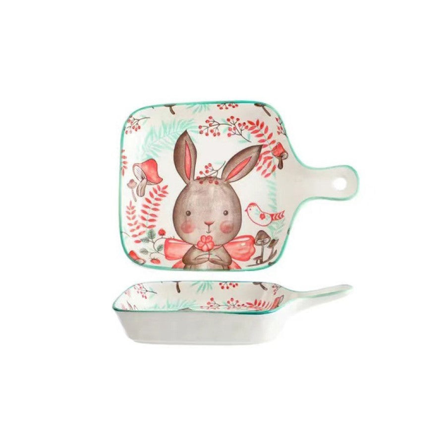 Adorable Nordic Forest Friends Blossom Bunny Ceramic Square Baking Pan With Handle