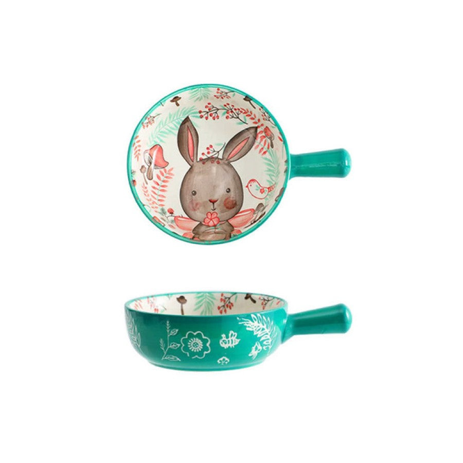 Adorable Nordic Forest Friends Blossom Bunny Ceramic Baking Bowl With Handle