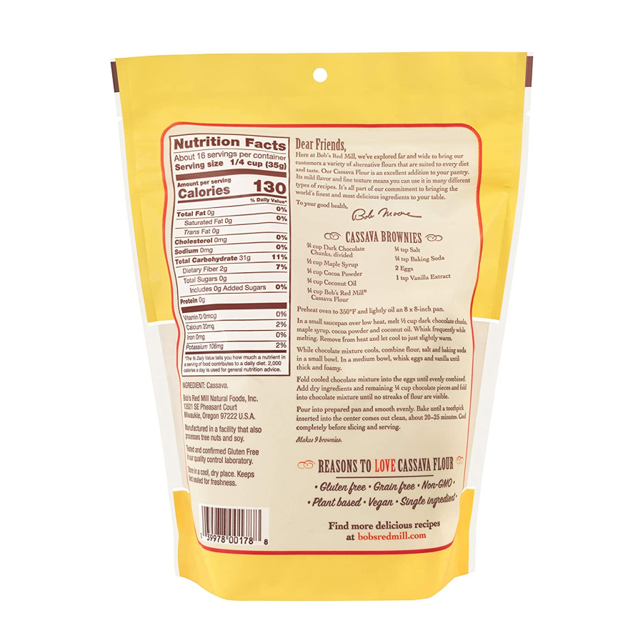 20 Ounce Bag Of Bobs Red Mill Gluten Free Grain Free Non-GMO Single Ingredient Cassava Flour Nutrition Facts Ingredient