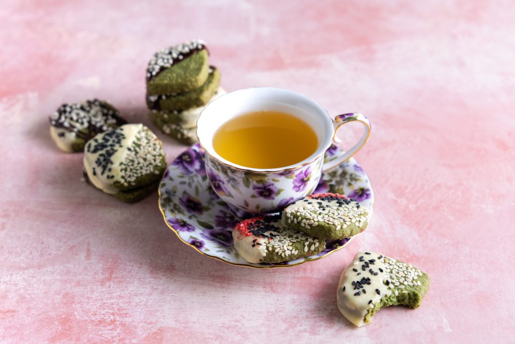 Bob's Red Mill Sesame Matcha Shortbread Cookie Recipe With Hulled Sesame Seeds And Cup Of Tea