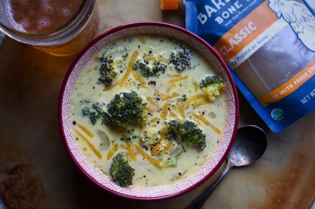 Broccoli Beer And Cheddar Soup Recipe Using Bare Bones Classic Chicken Bone Broth