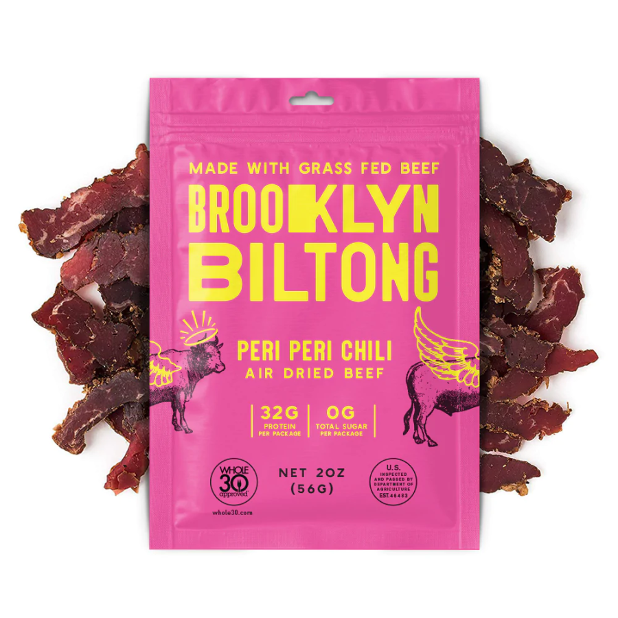 Made With Grass Fed Beef Brooklyn Biltong Peri Peri Chili  Air Dried Beef Has 32 Grams Protein And 0 Grams Total Sugar Per Package Healthy Whole30 Approved Jerky Like Snack