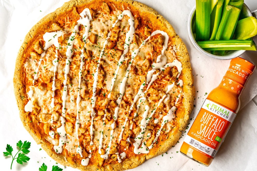 Buffalo Sauce Pizza With Chicken And Grain Free Crust Made With Whole30 No Dairy Buffalo Sauce Recipe From Primal Kitchen