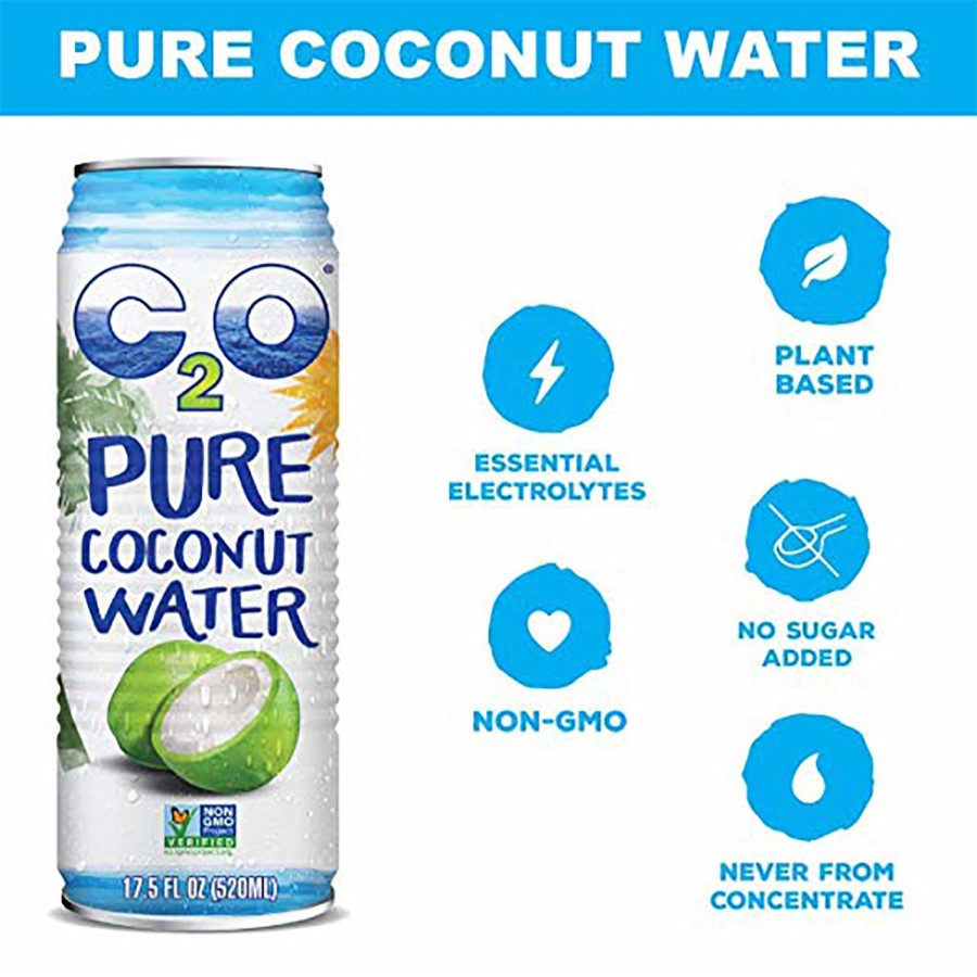 C2O Pure Coconut Water Infographic Essential Electrolytes Non-GMO Plant Based No Sugar Added Never From Concentrate 17.5oz