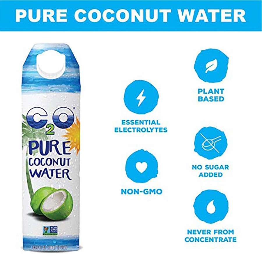 C2O Pure Coconut Water Infographic Essential Electrolytes Non-GMO Plant Based No Sugar Added Never From Concentrate 33.8oz
