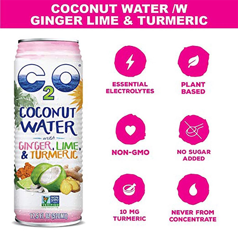 C2O Coconut Water With Ginger Lime And Turmeric Infographic Essential Electrolytes Non-GMO 10MG Turmeric Plant Based No Sugar Added Never From Concentrate 17.5oz