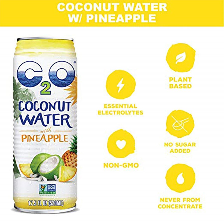C2O Coconut Water With Pineapple Infographic Essential Electrolytes Non-GMO Plant Based No Sugar Added Never From Concentrate 17.5oz