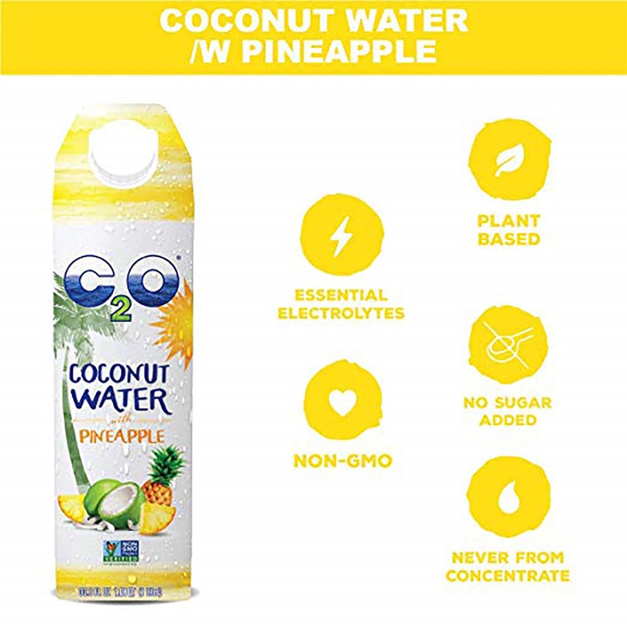 C2O Coconut Water With Pineapple Infographic Essential Electrolytes Non-GMO Plant Based No Sugar Added Never From Concentrate 33.8oz