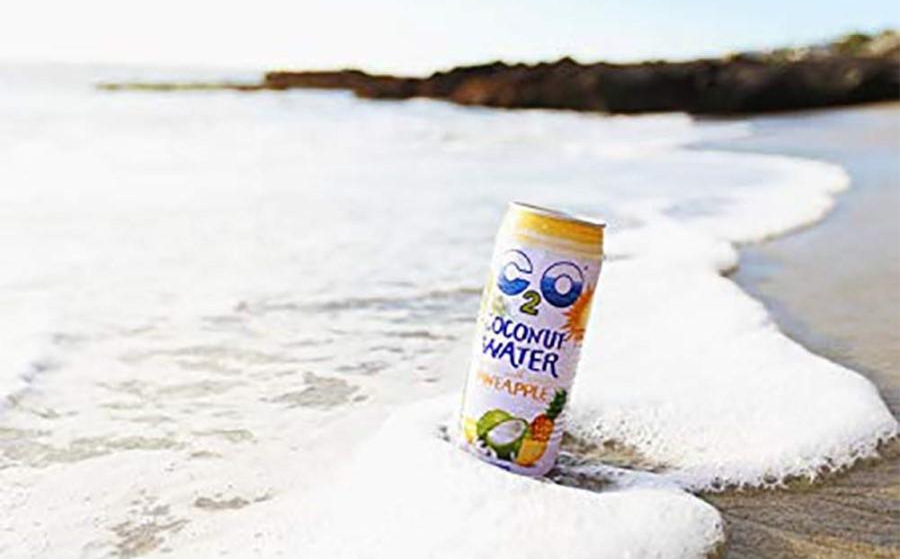 Can Of Non-GMO Coconut Water With Pineapple From C2O Sitting On The Beach Sand In A Wave