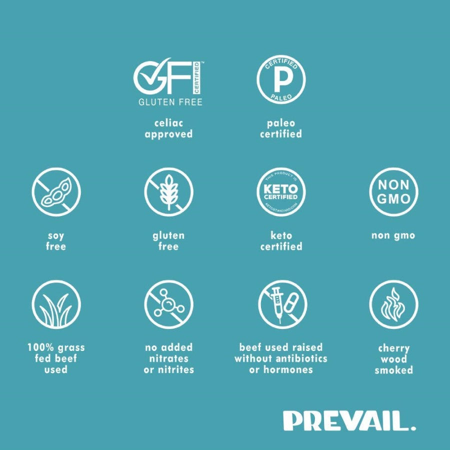 Original Prevail Jerky Is Gluten Free Celiac Approved Paleo Soy Free Keto Non-GMO 100% Grass Fed Beef No Added Nitrates Antibiotics Or Hormones Cherry Wood Smoked