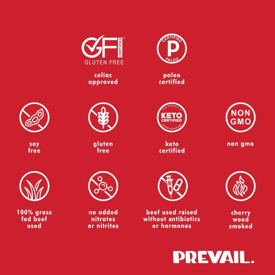 Spicy Prevail Jerky Is Gluten Free Celiac Approved Paleo Soy Free Keto Non-GMO 100% Grass Fed Beef No Added Nitrates Antibiotics Or Hormones Cherry Wood Smoked