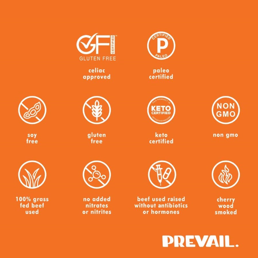 Umami Prevail Jerky Is Gluten Free Celiac Approved Paleo Soy Free Keto Non-GMO 100% Grass Fed Beef No Added Nitrates Antibiotics Or Hormones Cherry Wood Smoked
