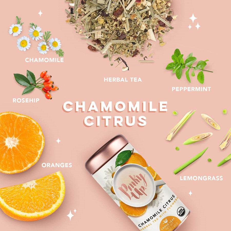 Chamomile Citrus Organic Ingredients In Pinky Up Loose Leaf Herbal Flower Tea