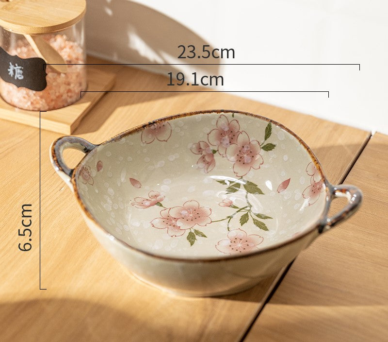 Cherry Blossoms Irregular Shape Farmhouse Style Bowl With Handles