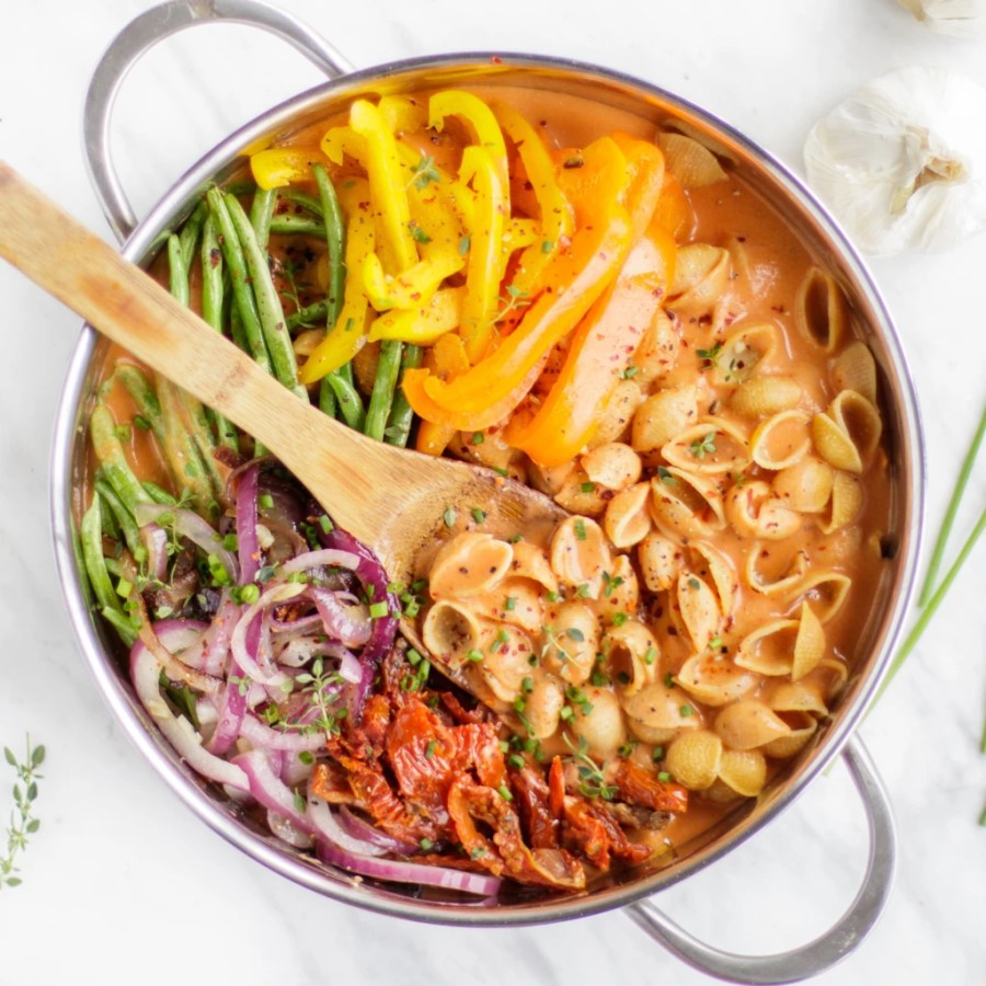 Chickapea Gluten Free Pasta Shells In Colorful Recipe Using Fresh Bell Pepper Green Beans And Onions