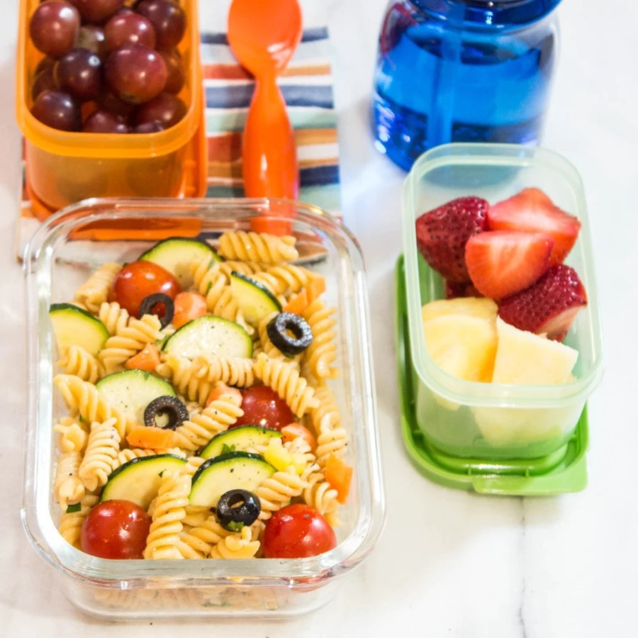 Pasta Salad Chickapea Gluten Free Spiral Noodles With Fresh Vegetables And Fruit Healthy Vegan Packed Lunch