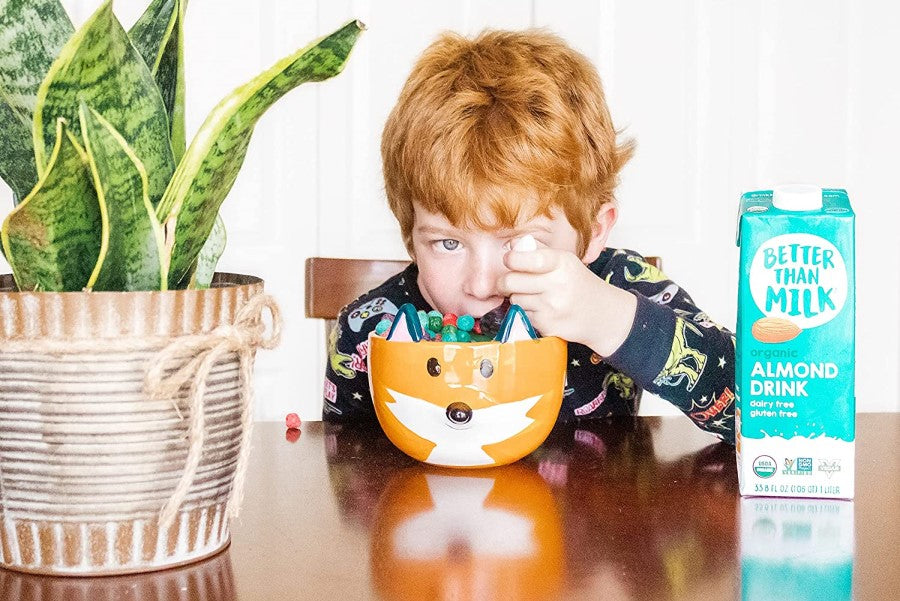 Child Eating Cereal Out Of Cute Fox Bowl Enjoyed With Dairy Free Better Than Milk Organic Almond Milk Drink