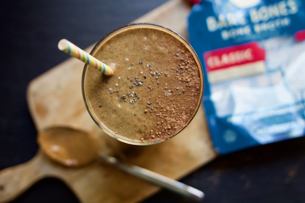 Chocolate Almond Butter And Chia Smoothie With Classic Beef Bone Broth From Bare Bones