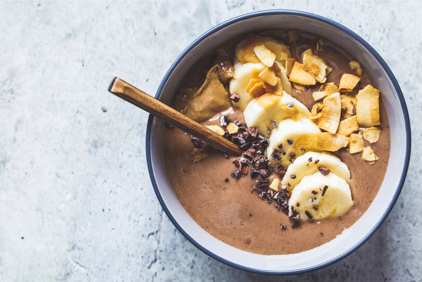 Delicious Chocolate Smoothie Bowl Made With Hemp Yeah Chocolate Max Fiber Protein Powder Topped With Coconut Banana Coins Nut Butter And Cocoa Nibs From Terra Powders