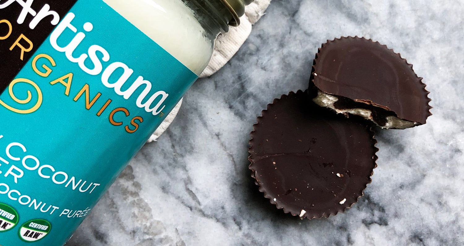 Chocolate Coconut Butter Keto Cups Recipe From Artisana Organics Made Using Whole Coconut Puree Coconut Butter